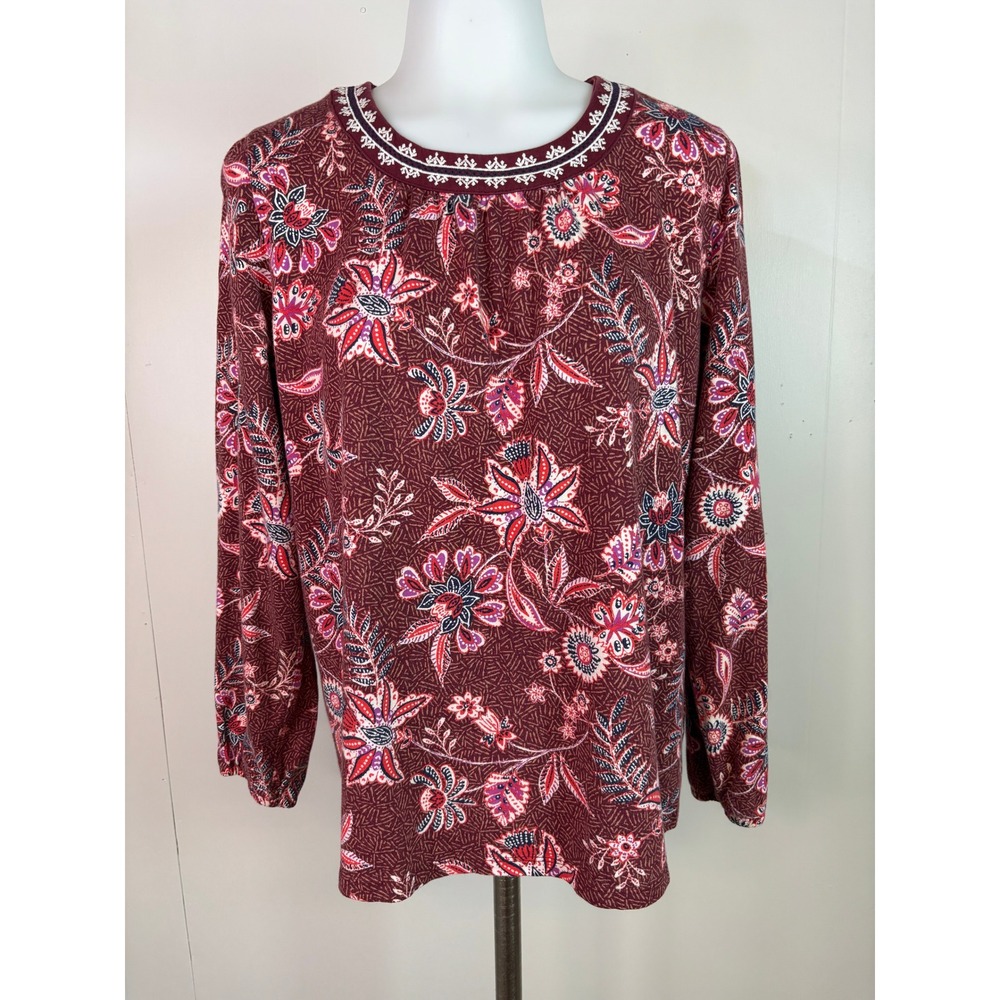 Old Navy Top Large Burgundy Floral Paisley Long Sleeve Embroidered Neck Women